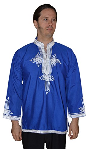 Marrakesh Men Tunic Caftan With White Tread Embroidery Breathable X-large Blue