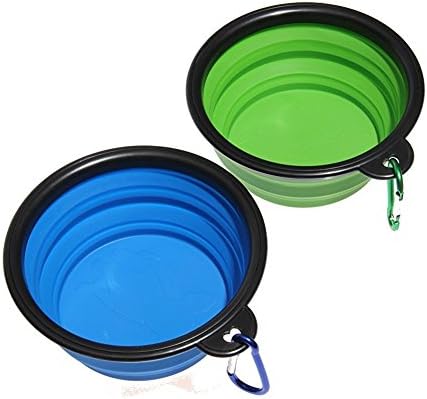 Collapsible Silicone Pet Bowls Foldable Expandable Cup Dish For Dog/Cat Food Water Feeding Portable Travel Bowl, Set of 2 Colors, Food Grade Silicone BPA Free FDA Approved (Blue+Green)