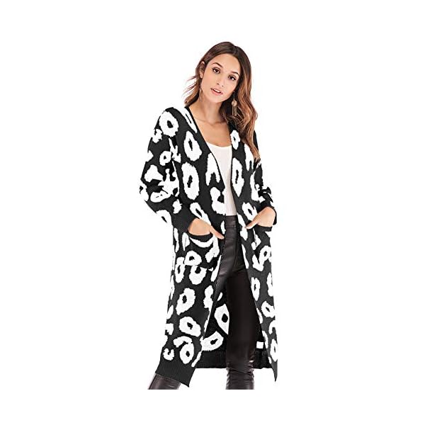 Carprinass Women Leopard Open Front Long Knitted Cardigan Pocketed Sweater Coat - Image 4