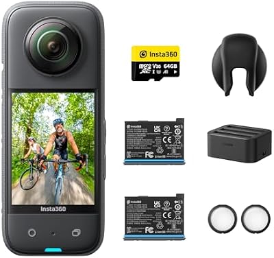 Kit de Bateria X3 – Action CAM 360 Impermeável com Sensor de 1/2 polegada, 72 MP 360 Fotos, 360 5,7 K de vídeo, estabilização, Ecrã Tátil de 2,29 polegadas, vibração, edição por IA,