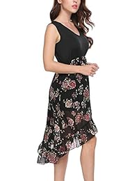 ACEVOG Mujeres Floral Impresión Sin Mangas alta baja Ruffles a-line Midi Casual Chifón Vestido