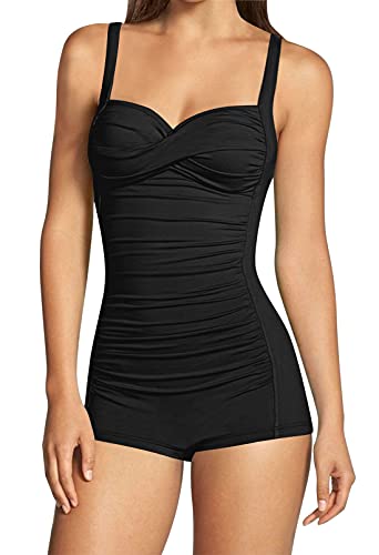 Viottiset Mujer De Una Pieza De Cintura Alta Tirantes Monokini Control De Vientre Boyleg Fruncido Frente Traje De Baño Negro M, 02 negro.
