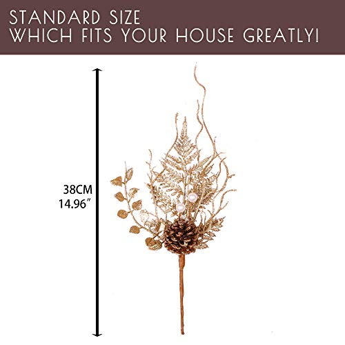 Valery Madelyn 6 Packs Rose Gold Glitter Christmas Picks with Artificial Pine Cone and Leaves for Christmas Flower Arrangements Wreaths and Holiday Decorations