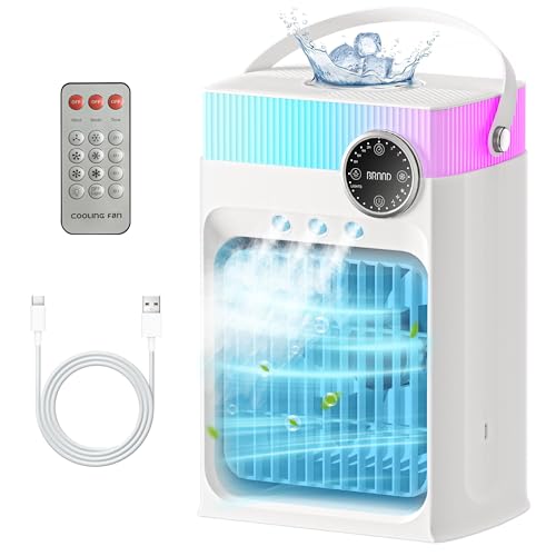 Portable Air Conditioners, Mini AC Unit Cooling Fan for Bedroom,1200ML Small Air Cooler Fans with Remote, 3 Mist,3 Speed,8 Light,2-8H Timer Personal AC Portable for Office Camping Car Desk(White)