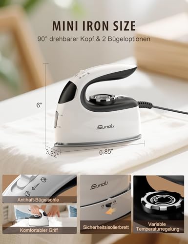 Sundu Travel Iron, Steamer Steamer, 2-in-1 Steam Iron Travel, 5 Ironing Modes for Various Fabrics, Steam Performance up to 30 g/min, Lockable Base, Intelligent Temperature Control Iron