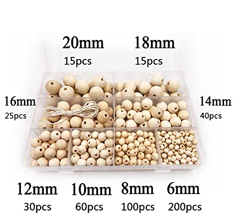 Wood Beads for Crafts, Wooden Beads Natural Beads, 8 Sizes of Unfinished Wooden Beads, DIY Handmade Decoration, Jewelry Crafts (6, 8, 10, 12,14,16,18, 20mm)，with 8Pcs Cotton Thread (490) (WHJFZN001)