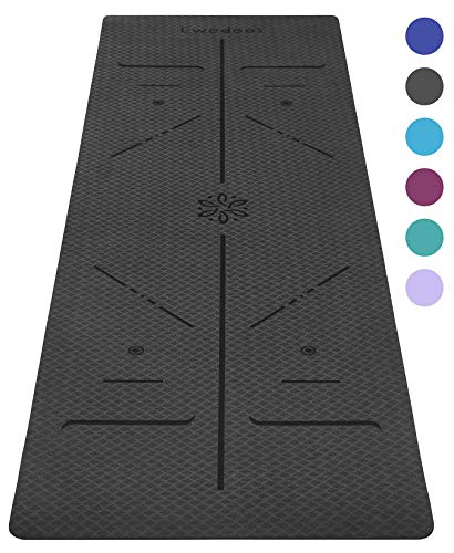 Ewedoos Eco Friendly Yoga Mat with Alignment Lines, TPE Yoga Mat Non Slip Textured Surfaces ¼-Inch Thick High Density Padding to Avoid Sore Knees, Perfect for Yoga, Pilates and Fitness (Gray)