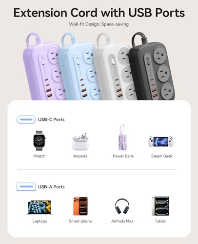 ORICO Regleta Multicontacto Supresor de Picos y PD20W, 3M Extension Electrica con 6 Salidas CA y 4 USB (2 USB-C), Conector Múltiple con Enchufe Plano, Pared y Escritorio para Hogar/Oficina - OG