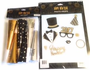 JF Happy New Year 2017 Party Horn 6 set and 2017 Photo Props 1 pack Best for Celebration 2017 New year Party