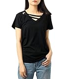 Cute Shirts for Women Criss Cross V-Neck Trendy Short Sleeve Tops(Black,M)