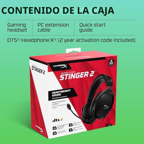 Cloud Stinger 2, Cascos gaming para PC, Drivers de 50 mm y Audio Envolvente, Giro 90º, 3.5 mm, Micrófono con cancelación de ruido - Negro