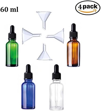 4 Pcs Amber Glass Bottle with Clear Glass Dropper Pipette,Brown+Blue+Green+Transparent (60 ml)