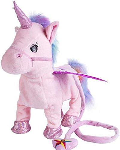 FYEO 35cm Cute Electronic Pet Walking Unicorn Pegasus Plush Toy Soft Stuffed Singing Pony Toys with Rope Lease for Baby Girl Boy Kids - Pink