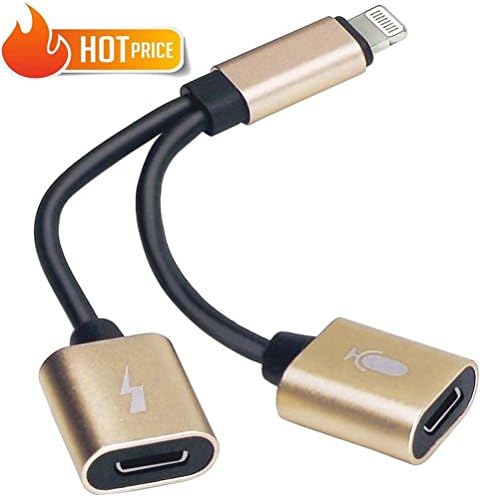 Dual Lightning Adapter for iPhone 7/7 Plus/8/8 Plus/X - 2 in 1 Lightning Adapter - Double Headphone Adapter Converter Splitter - Charger Headphones Adapter - Earbuds Earphone Charge Adapter - Gold