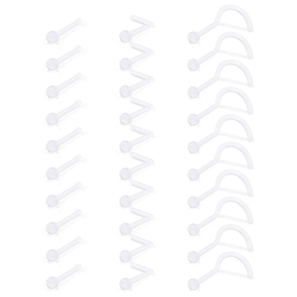 AceFun 30PCS 18G 20G Clear Acrylic Nose Rings Bioflex Stud Retainer 2MM Flat Top Piercing Body Jewelry for Men Women Bone Style