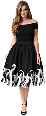 Nation Women's Octopus Squid Fancy Print Pattern Mini Knee Length Skater Skirt (M, Black)