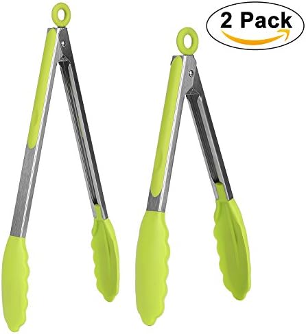 Kitchen Tongs,Heavy Duty Non-Stick Stainless Steel Food Tongs Set with FDA Grade Silicone Tips Ring Pull Locking System Serve for Salad,BBQ,Baking set of 2 pcs (Green)