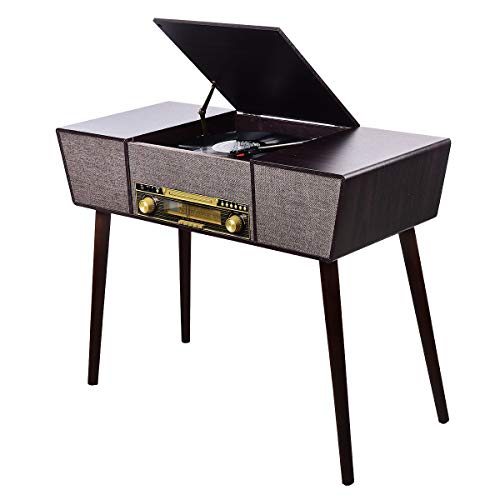 JORLAI Vinyl Record Player 8 in 1 3 Speed Bluetooth Vintage Turntable CD Player with Stand Design AM/FM Radio USB Recorder Aux-in RCA Line-Out