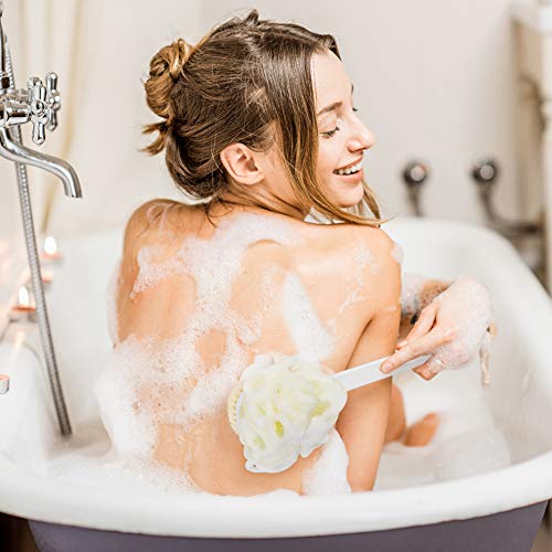 Bath Body Brush with Loofah and Bristles, Bosiwee Back Scrubber Shower Sponge Pouf for Dry Skin Brushing, Gentle Exfoliating with Long Handle