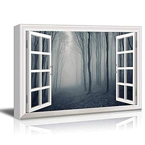 Modern White Window Looking Out Into a Dark Foggy Forest - Canvas Art Home Art - 24x36 inches