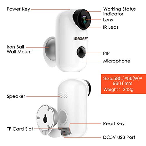 Mascarry Wireless WiFi Home Security Camera System with PIR Motion Detection, Rechargeable Battery Powered, Wall Mount,Indoor/Outdoor, HD Video, 2-Way Audio Night Vision & SD Card Socket - Thumbnail 5