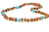 Amber Teething Necklace with Blue Turquoise for Baby - Unisex - 12.6 inches (32 cm) - Amber Jewelry - Hand-Made from Certified Baltic Amber Beads (Cognac / Blue Turquoise)