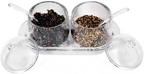 GOLKIPAR Multipurpose Glass Acrylic Kitchen Dining Spice Storage Rack 2 Piece Pickle Jam Jar Set with Spoon,2 jar Condiment Pots Set,Sugar Bowls,Tea Storage,Nuts jar,Salad bar Serving