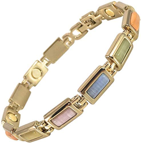 Helena Rose Ladies Magnetic Bracelet for Women - Multi Coloured Cats Eye Semi Precious Stones - Fits Wrists 19cm Adjustable - with Jewellery Gift Box.