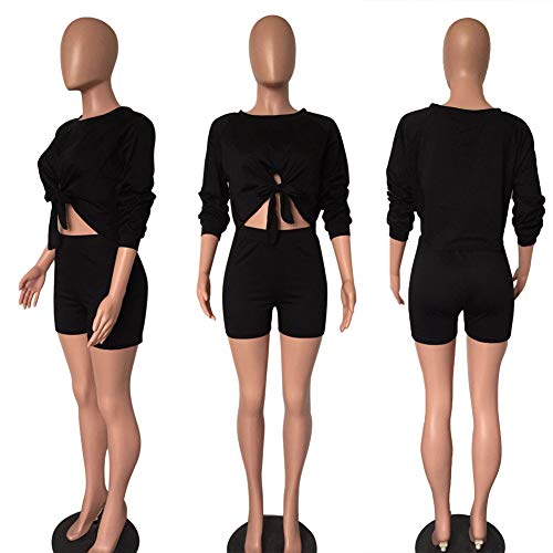 Womens 2 Piece Outfits - Sexy Long Sleeve Crop Tops + Skinny Shorts Tracksuit X-Large Black