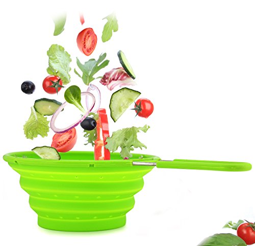 Collapsible Silicone Colander Foldable Strainer Kitchen Food Strainer with Stainless Steel Handle 100% BPA Free and Food Grade Silicone,Best for Rinsing or Draining Vegetables and Fruits-Green - Thumbnail 3