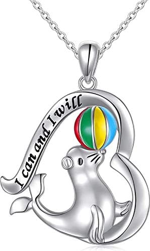 YinShan 925 Sterling Silver I can and I will Sea Lion Heart Pendant Necklace Animal Jewelry for Women