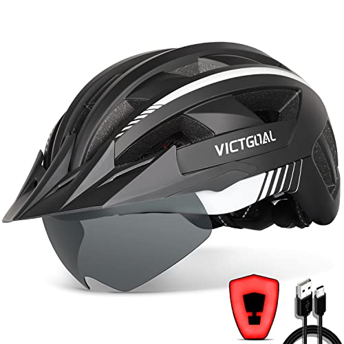VICTGOAL Fahrradhelm Herren Damen mit Visier, USB Rücklicht, Magnetbrille