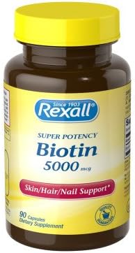 Biotin (Super Potency) 5000mcg Skin Hair Nail Support 180 Caps (2 Bottles of 90 Caps) Made in USA by Rexall