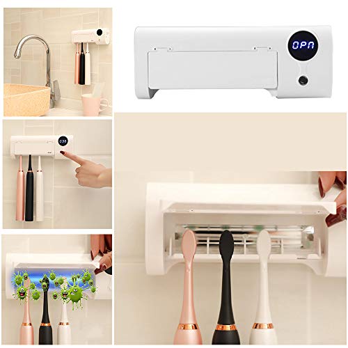 UV Toothbrush Sanitizer, 4 Toothbrush Sterilizer Holder, Bathroom Toothbrush Holder Wall Mounted, Toothbrush Organizer for Ladies Men Baby Kids Family Bathroom