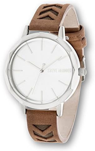 Steve Madden Womens Fashion Wrist Watch Silver With Brown Leather Arrow Design Band