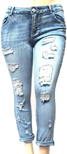 1826 Jeans SLS Women's Plus Size Stretch Distressed Ripped Blue Skinny Denim Jeans Pants (14, Boyfriend LT Blue)