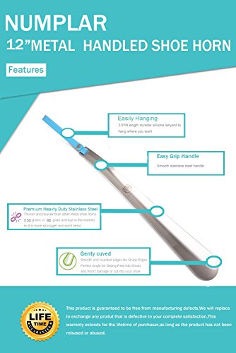 Metal Shoe Horn, Long Handled Shoehorn for Men, Women, Kids, Seniors, Pregnancy, Boots and Shoes, Heavy Duty Stainless Steel with Silicone Lanyard (Blue), 12 Inch (Pack of 1)