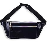 LEADO Holographic Fanny Pack for Women, Flat Fashion Waist Pack Bum Bag for Running, Festival, Rave, Party, Travel (Holographic Black)