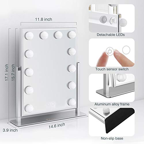 Ovonni Vanity Makeup Hollywood Mirror with 12 Detachable LED Bulbs and 2 Replacement Bulbs 2 Colors Touch Control Dimmable Brightness 360° Rotating for Bedroom Dressing Table(12 bulbs, Sliver) - Thumbnail 4