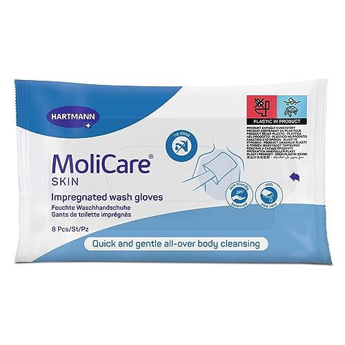 MoliCare Skin - Guantes de baño impregnados para cualquier ocasión, se pueden calentar o refrescar, pH neutro a la piel, bolsa de 8 unidades