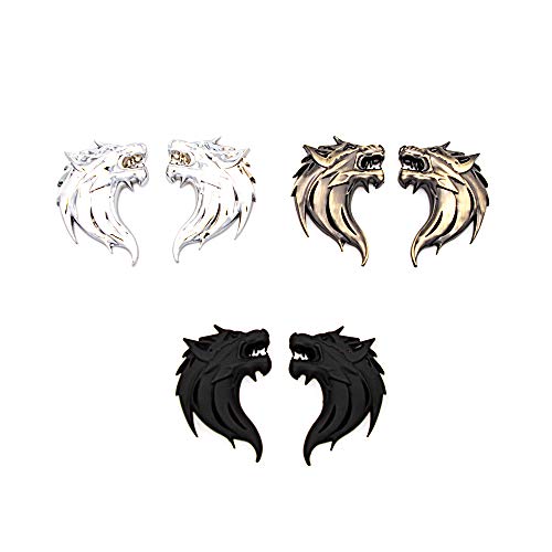 CARRUN 2pcs 3D Wolf Head Metal Emblem Car Motorcycles Side Fender Rear Styling Emblem Badge Decal (Black)
