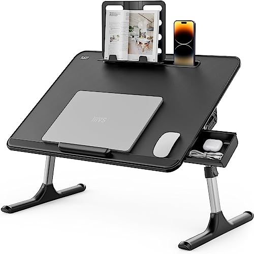 Betttisch Klappbar, SAIJI 60 * 40cm Laptoptisch, Einstellbare Höhe in 5 Stufen, mit Buchständer, Schublade, Lap Stopper, Tablet Schlitz, Notebooktisch