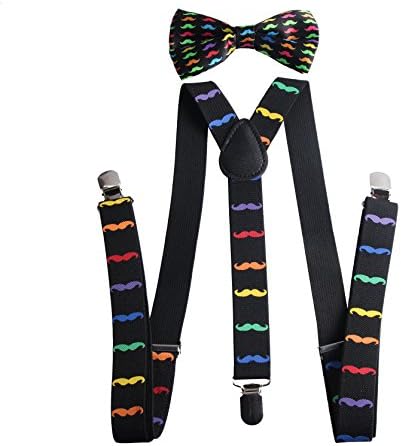 Keywin Tuxedo Suspender &amp; Bow Tie Set Elastic Adjustable Strong Clip-on Suspender (Rainbow Mustache)
