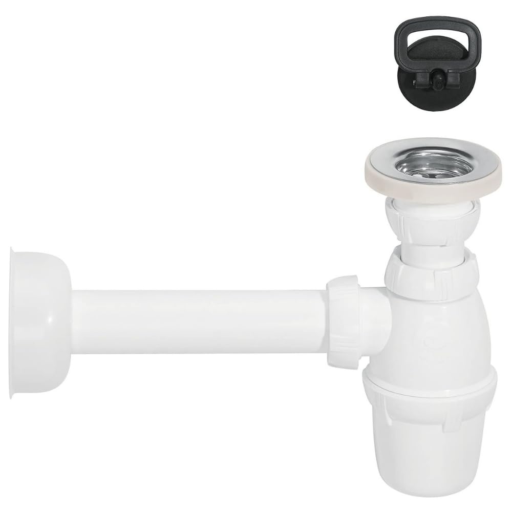 Schläfer 4396111 | Bathroom Washbasin Siphon Set with Drain, Universal Drain for PP Sink, Plastic, G 1 1/4 Wall Connection Pipe, diam 32 mm. Siphon Plastic Bottle White