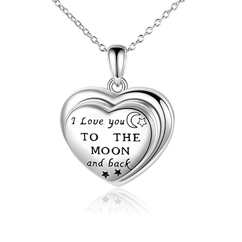URONE Locket Necklace Sterling Silver I Love You to The Moon and Back Necklace 4 Photo Heart Locket Necklace Love Memory Jewelry Gifts for Women Girl