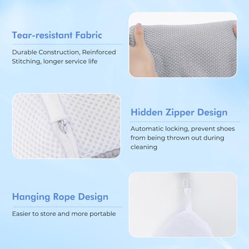 Teletrogy Shoe Washing Machine Bag 2Pcs, Fluffy Fibers Keep 360° Wrap-around Cleaning, Trainer Washing Machine Bag Durable Hidden Zipper Reusable for Shoes and Clothing, for Sneakers, Dolls (Grey)
