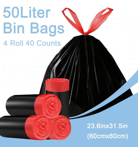 XIYOO Heavy-Duty Black Bin Bags 50L Bin Liners with Drawstring Handles 40 Count Swing Rubbish Bags Kitchen Trash Bags Waste Sacks fit 45-60L