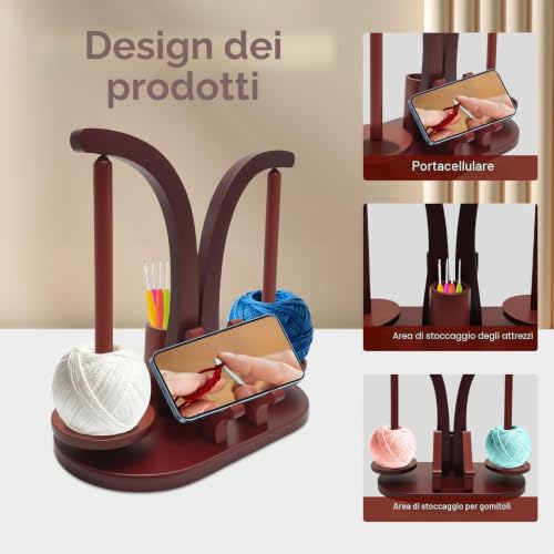 Wooden Crochet Ball Holder, Double Rod Wool Unwinder, Magnetic Wool Reel Holder with Storage Box for Knitting Accessories and Mobile Phone Holder (Retro Colour)