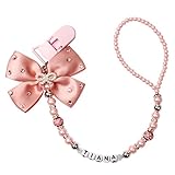 Personalised- Any name Bling silver rhinestone bow pink and sliver beads dummy clip holder pacifier clips holder/Teethers clip (WHITE)