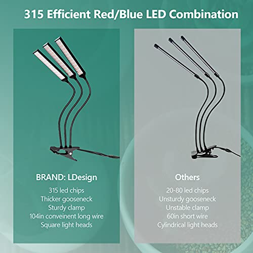 Grow Light for Indoor Plants-LDesign Plant Growing Lamp 315 LED 3 Heads Planting Lights Red Blue Spectrum 10 Dimmable Levels 3 Modes Timing Function (3/9/12 Hour Timer) Adjustable Gooseneck